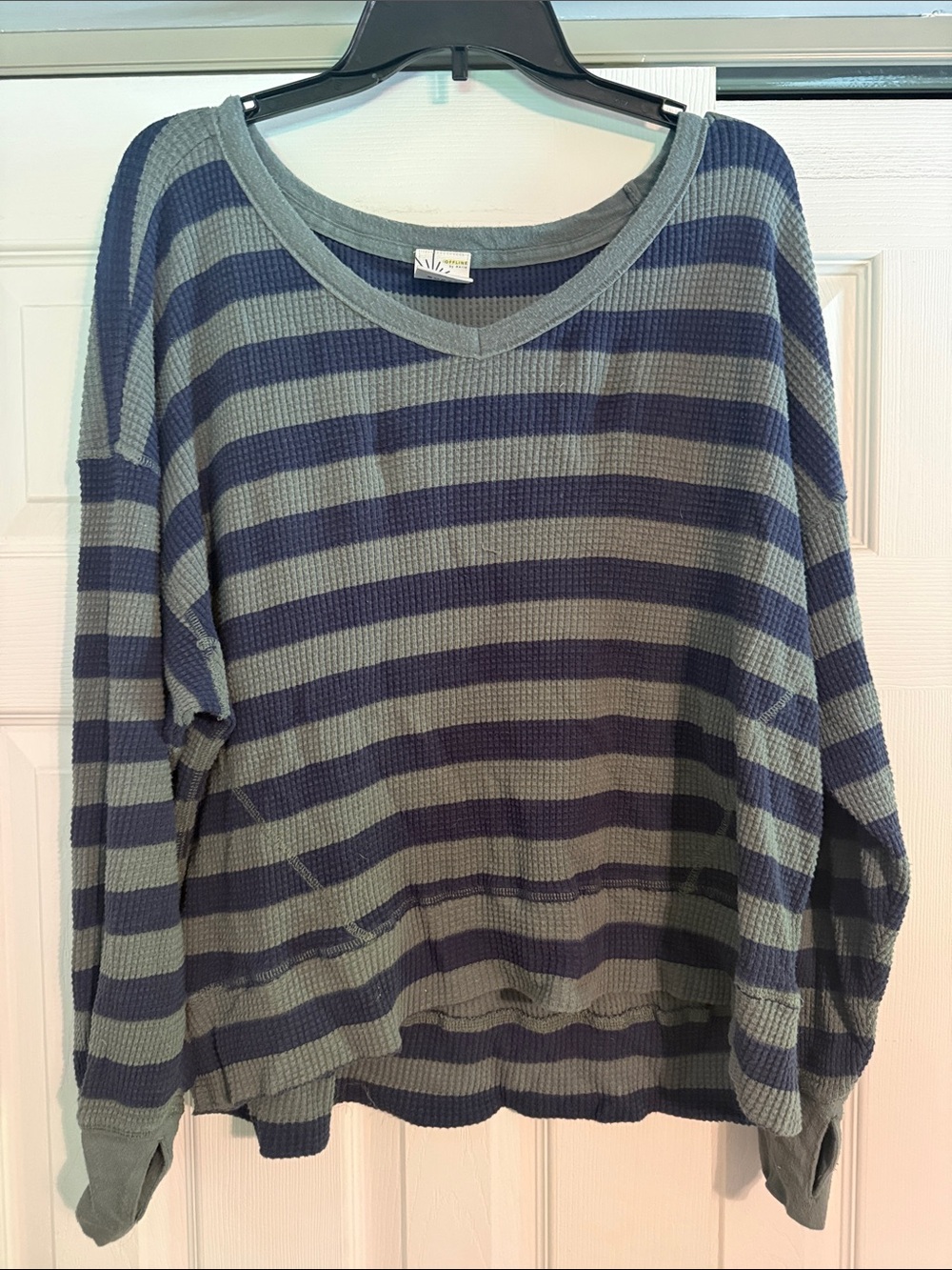aerie Navy and Green Striped V-Neck Waffle Knit Sweater